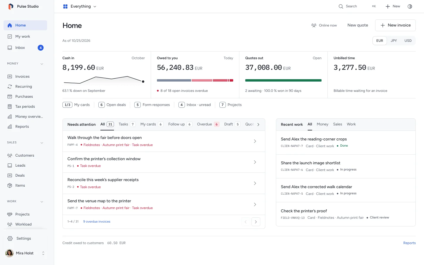 Made with Pepper Home with customer work, sales, money and team activity