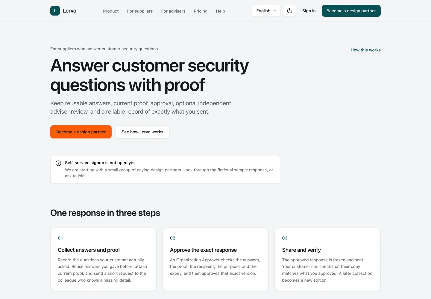 Home. The public home page explains what the workspace is for: answering customer security questions with controlled Proof and a frozen edition the customer can verify.