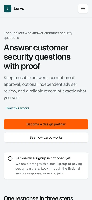 Home. The public home page explains what the workspace is for: answering customer security questions with controlled Proof and a frozen edition the customer can verify.