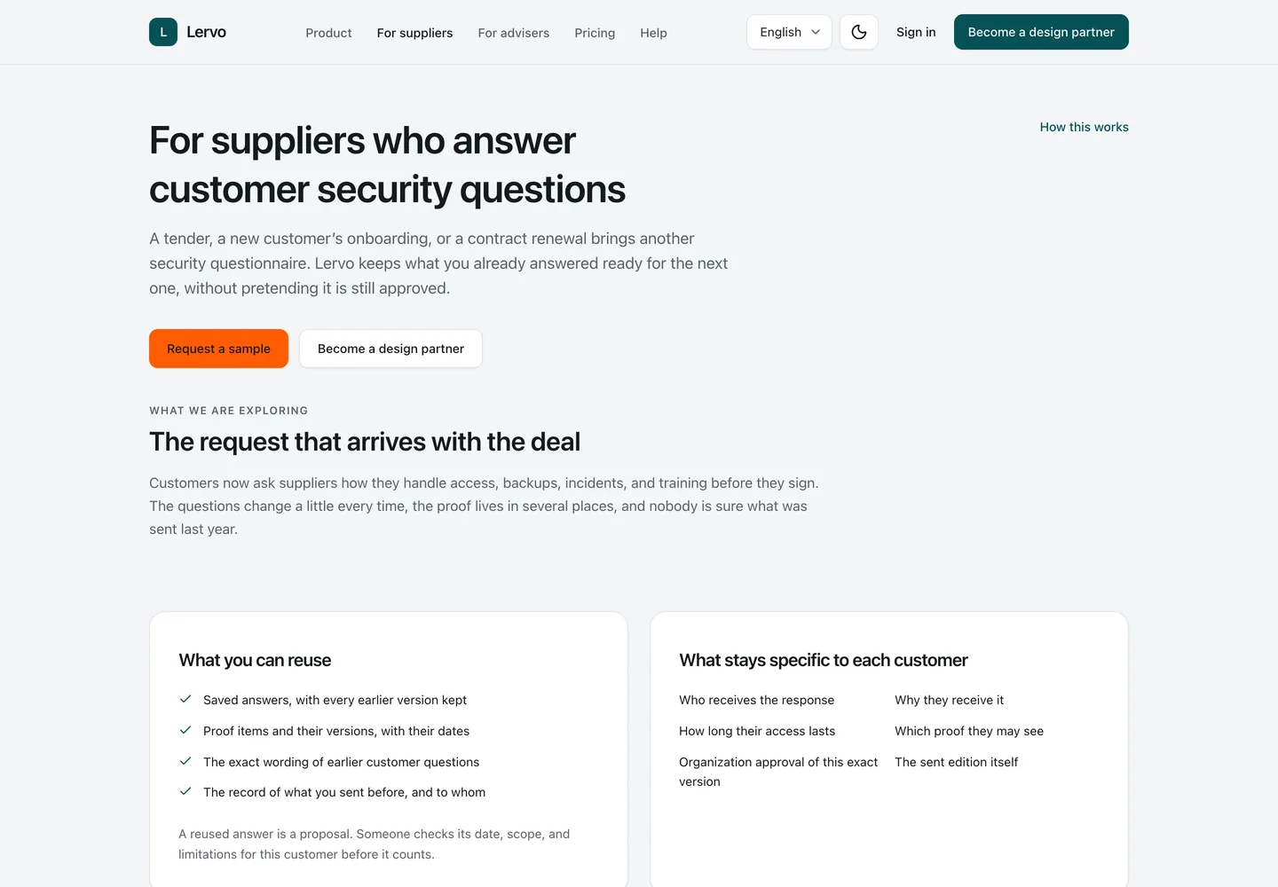 For suppliers. The supplier page speaks to the company that receives security questionnaires from its customers.