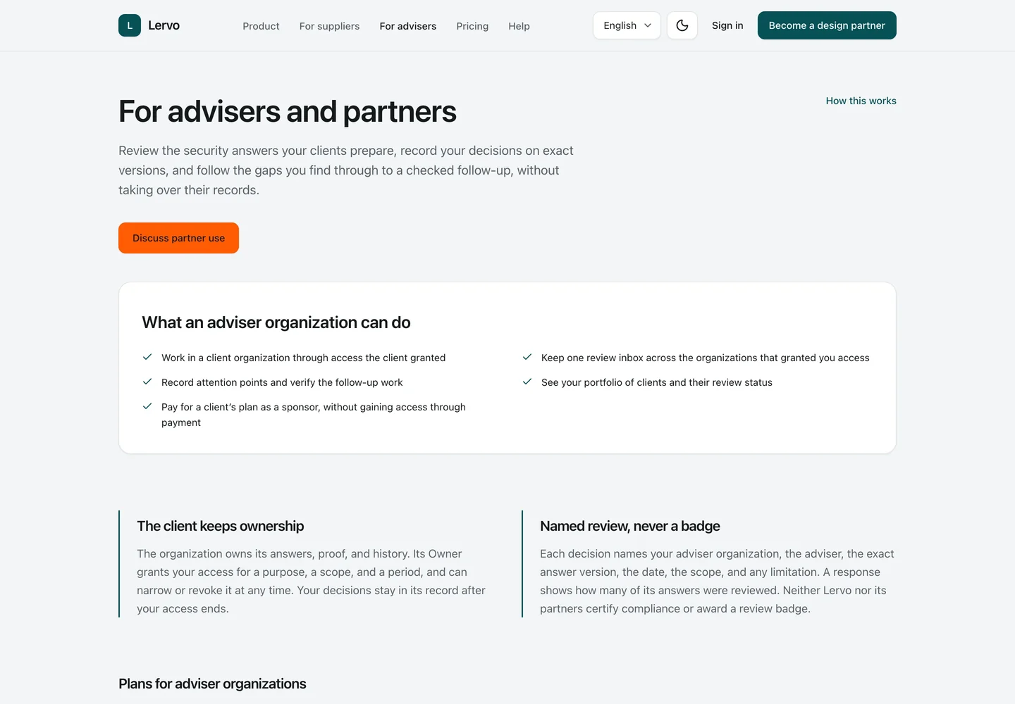 For advisers. The adviser page explains how an independent Adviser Practice reviews a client's exact Answers under a scoped, revocable Access Grant.