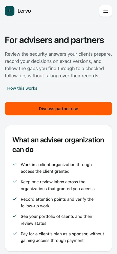 For advisers. The adviser page explains how an independent Adviser Practice reviews a client's exact Answers under a scoped, revocable Access Grant.