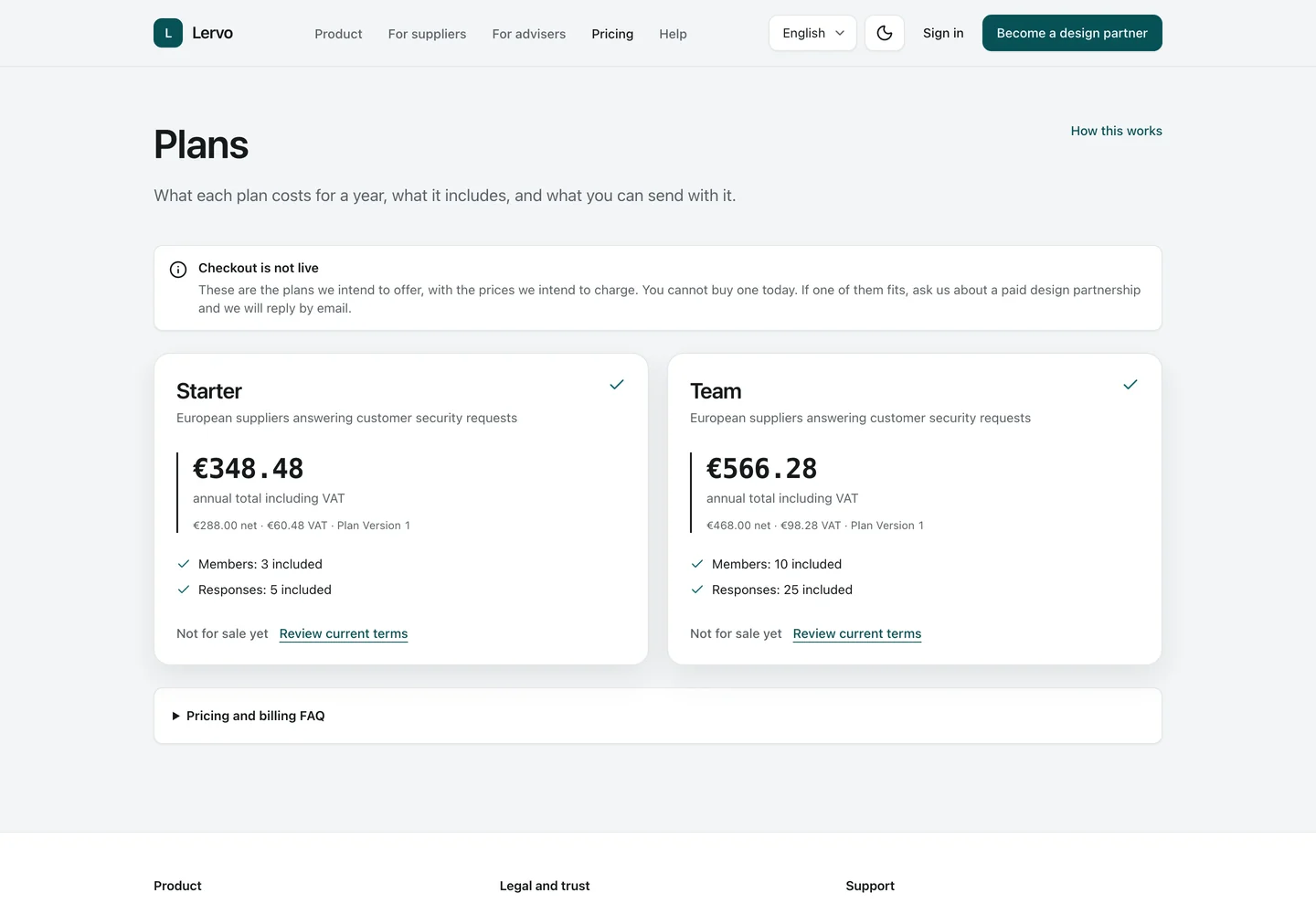 Pricing. The pricing page lists the plans from the plan catalogue; the amounts shown here are synthetic demo values.