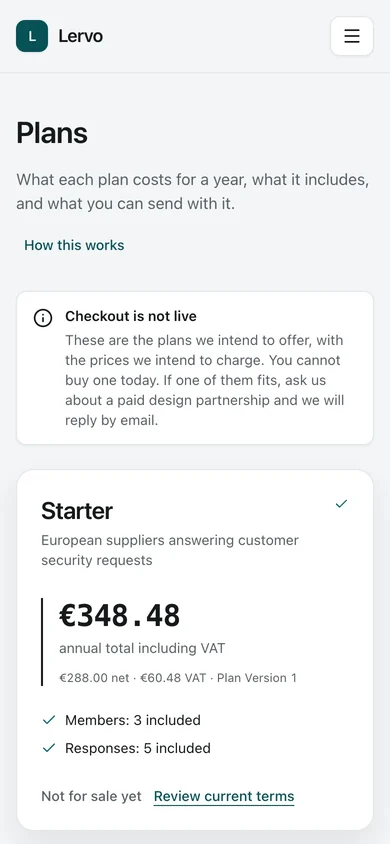 Pricing. The pricing page lists the plans from the plan catalogue; the amounts shown here are synthetic demo values.