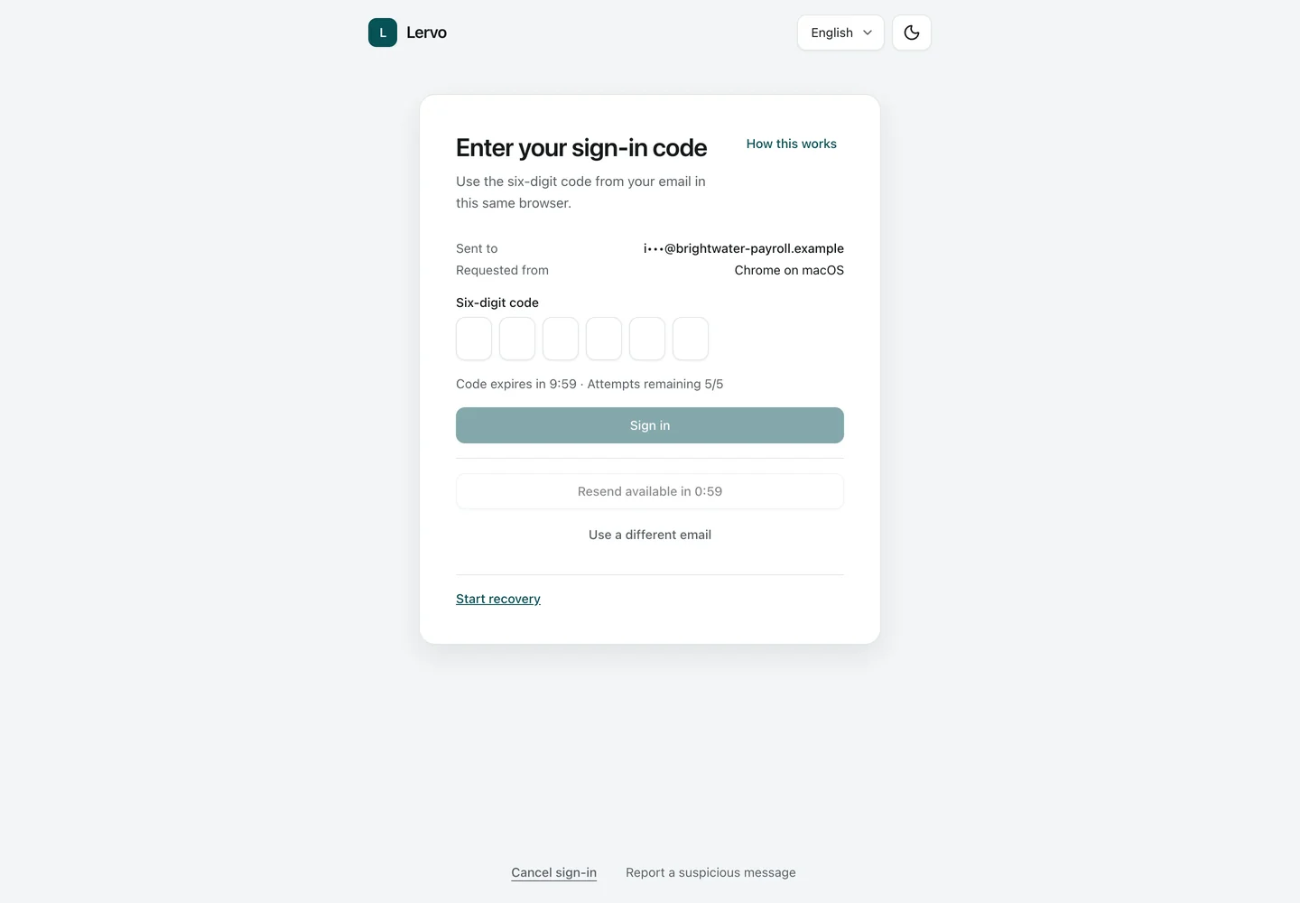 One-time code. The code step: the member types the six-digit code from the email they just received.