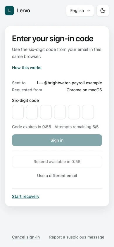 One-time code. The code step: the member types the six-digit code from the email they just received.
