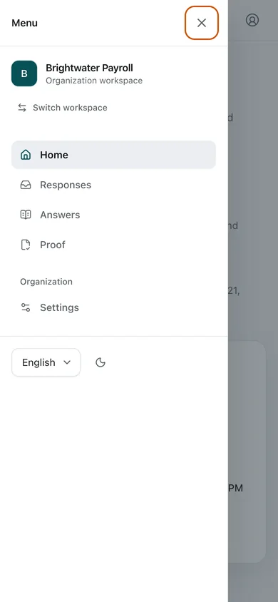 Home · navigation open. The Security Lead's home: the one task that needs them next, open work by kind, and recent activity that never shows what an Answer says. The phone navigation is open in this view.