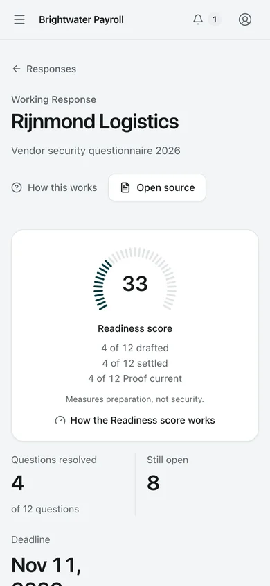 Response just started. A new questionnaire from a prospective customer, a day after it arrived: four of twelve questions answered from the library so far, and a Readiness score of 33 that shows exactly what is missing.