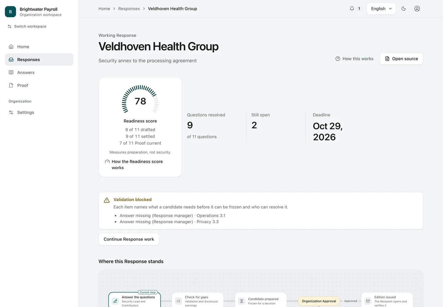 Response under Adviser review. A Response under independent Adviser review. Its Readiness score is 78: two questions are still open and two answers rely on a backup restore report that expired in September.