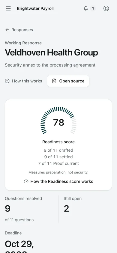 Response under Adviser review. A Response under independent Adviser review. Its Readiness score is 78: two questions are still open and two answers rely on a backup restore report that expired in September.