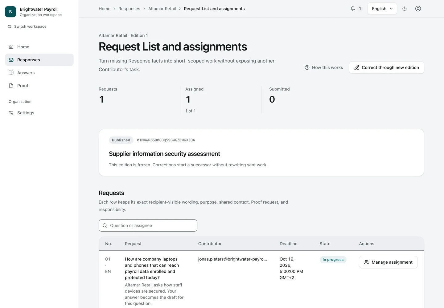 Request List. The Request List sends one question to a colleague with its purpose, the Proof expected, and a due date. The colleague needs no account.