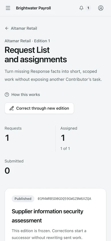 Request List. The Request List sends one question to a colleague with its purpose, the Proof expected, and a due date. The colleague needs no account.