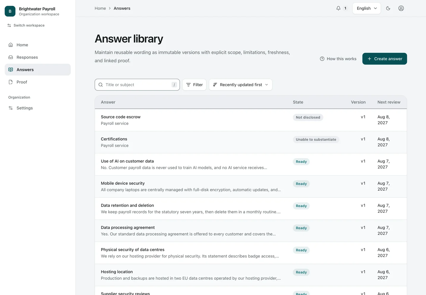 Answer Library. The Answer Library holds the Organization's reusable Answers, each versioned, owned, and dated for its next review.