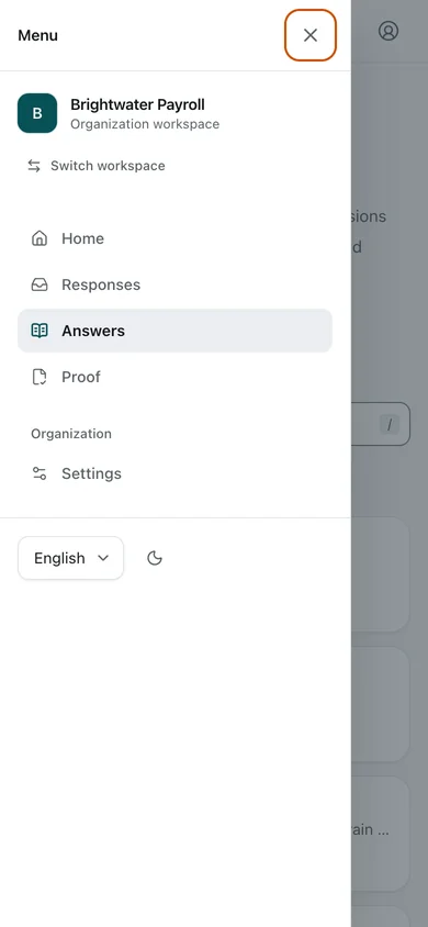 Answer Library · navigation open. The Answer Library holds the Organization's reusable Answers, each versioned, owned, and dated for its next review. The phone navigation is open in this view.