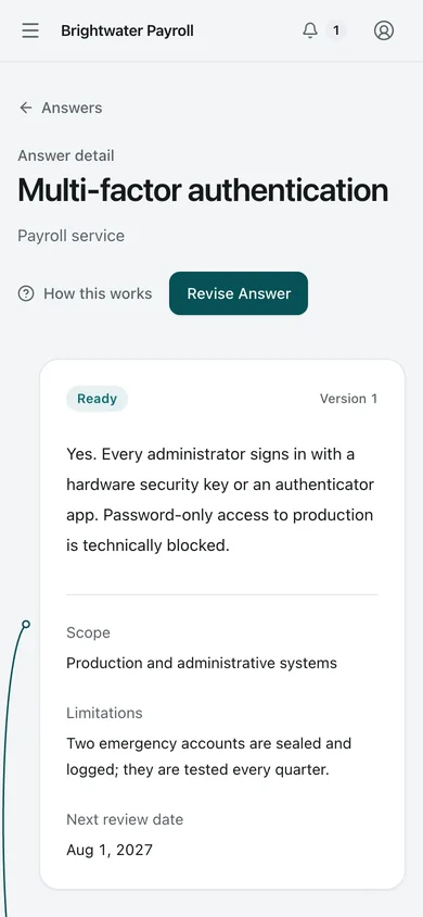 One Answer. One Answer with its scope, stated limitation, linked Proof, and version history.