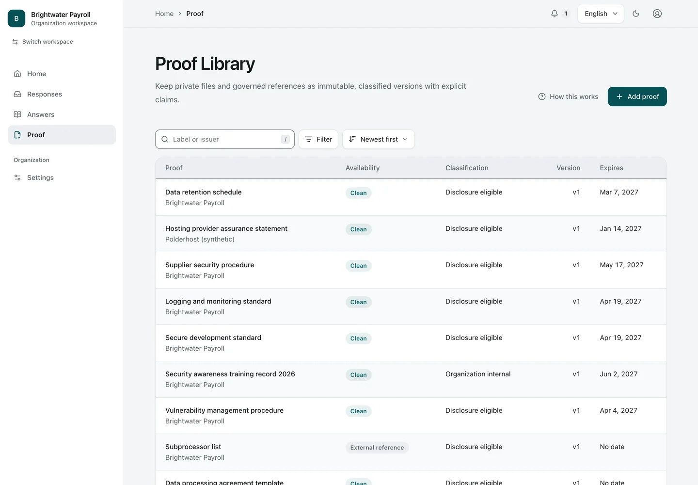 Proof library. The Proof library: private files and references, each scanned before use, classified, versioned, and dated with its expiry.