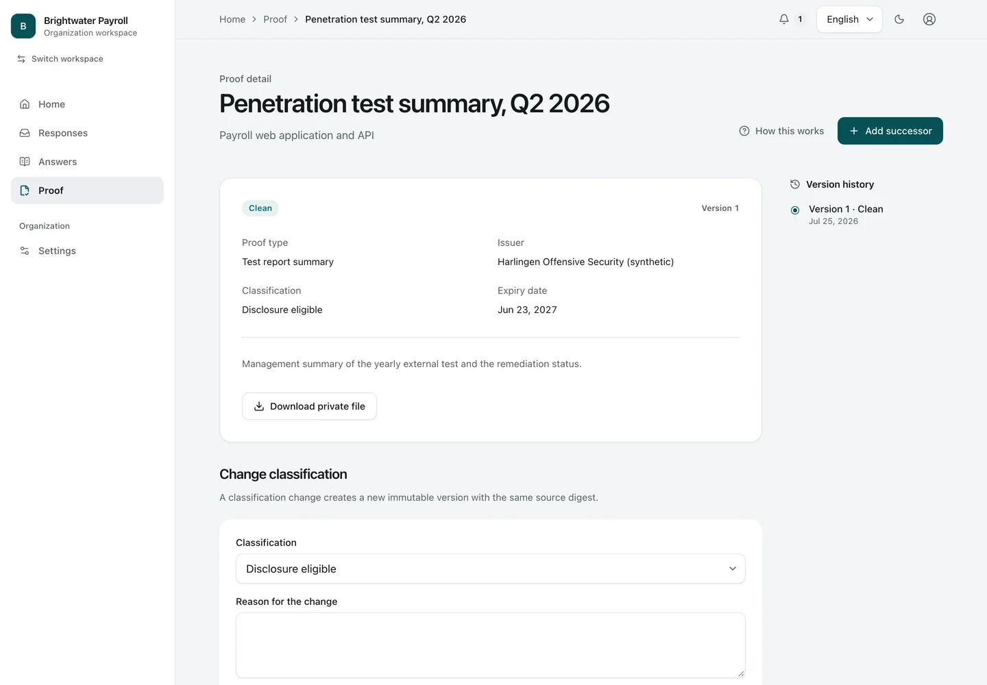 One Proof record. One Proof record: its type, issuer, classification, and expiry, a private download, and its version history.