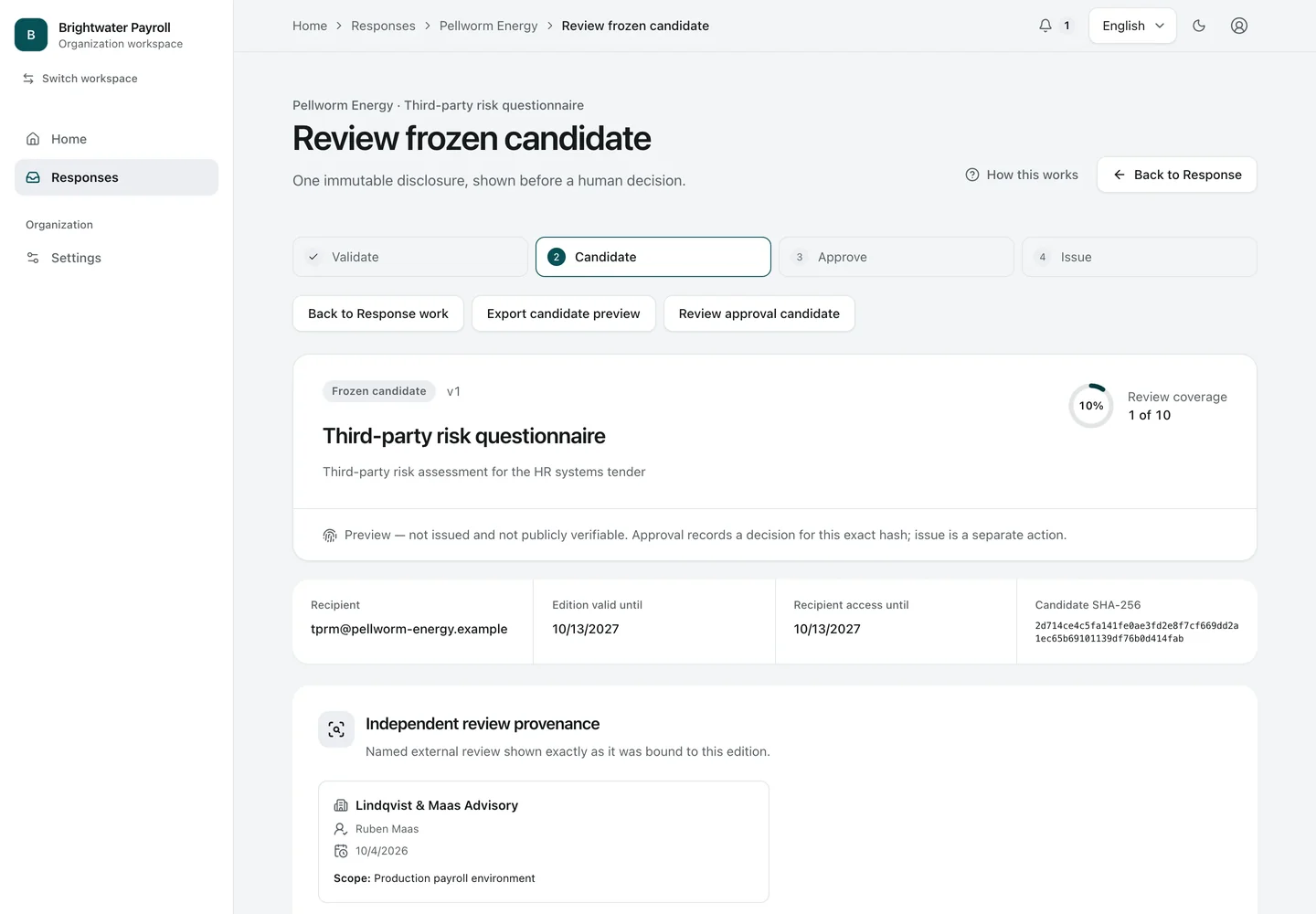The company’s approver reviews the fixed version awaiting approval, including its recipient, validity, content identifier and every answer. Approval requires a fresh identity check.