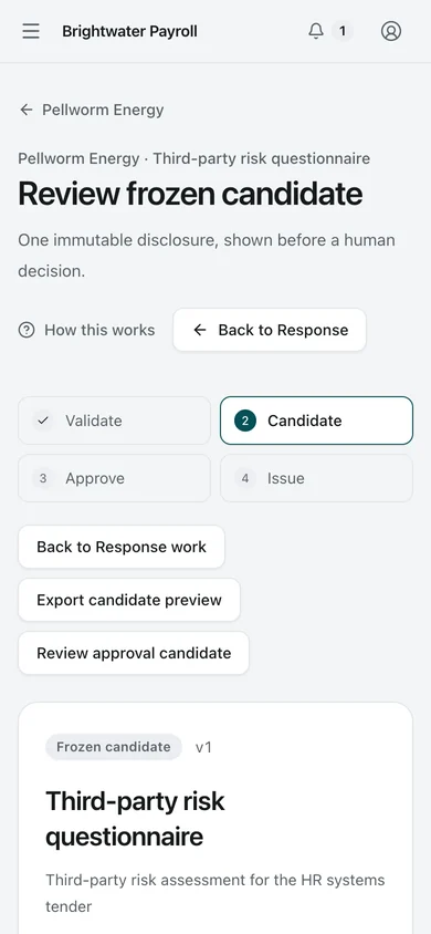 Candidate awaiting approval. The company’s approver reviews the fixed version awaiting approval, including its recipient, validity, content identifier and every answer. Approval requires a fresh identity check.