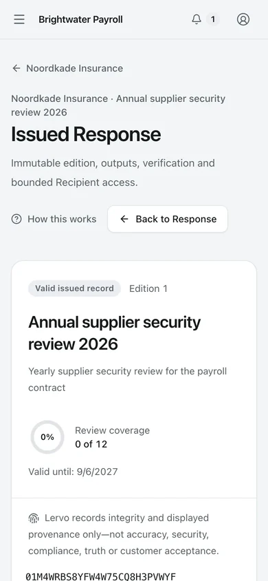 Issued edition. The issued report keeps a fixed record of its reference, issuer, validity and exact output files, with a link to its public verification page.