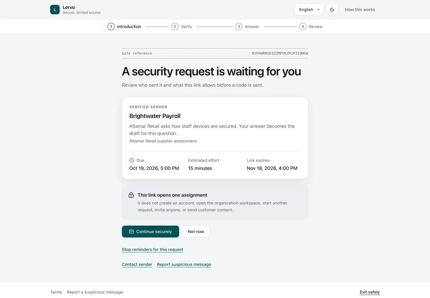 Request introduction. A colleague opens the link from their Request email. They see who asked, why, and by when, before confirming their address.