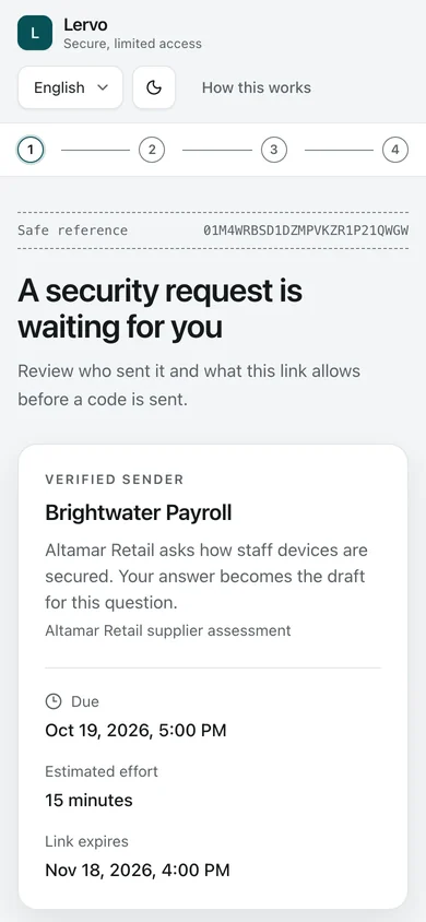 Request introduction. A colleague opens the link from their Request email. They see who asked, why, and by when, before confirming their address.
