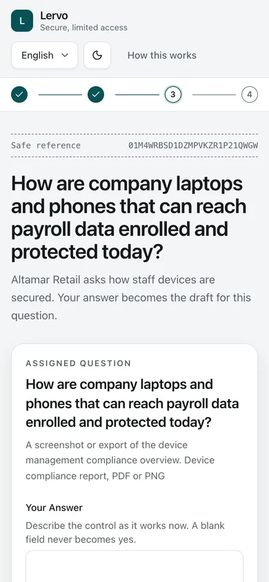 Answering the Request. After a one-time code, the Contributor answers the one question and attaches Proof on a phone or laptop. They see nothing else of the Organization.
