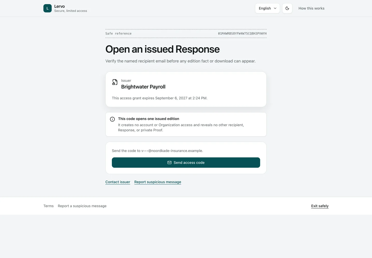Recipient introduction. The customer's contact opens the link from the issue email and confirms their address with a one-time code.