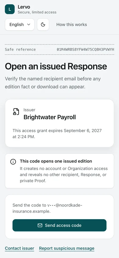 Recipient introduction. The customer's contact opens the link from the issue email and confirms their address with a one-time code.