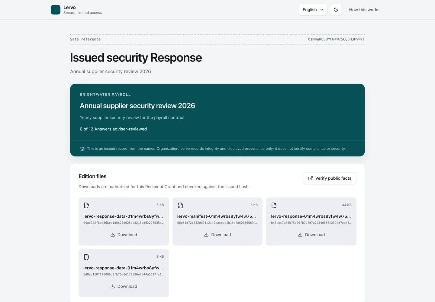 Recipient view. After a one-time code, the customer's contact downloads the frozen edition files, without an account, and can check them against the public verification page.