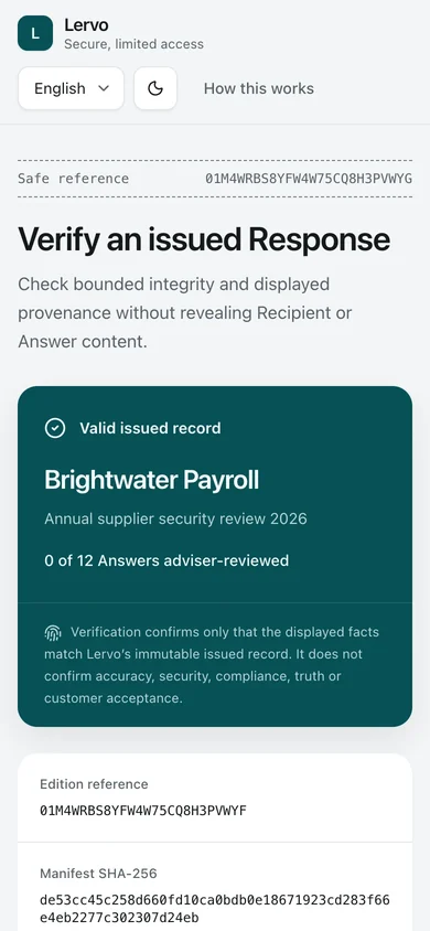Public verification. Anyone holding the verification reference can confirm that the edition exists, who issued it, and that it was not withdrawn, without seeing its content.