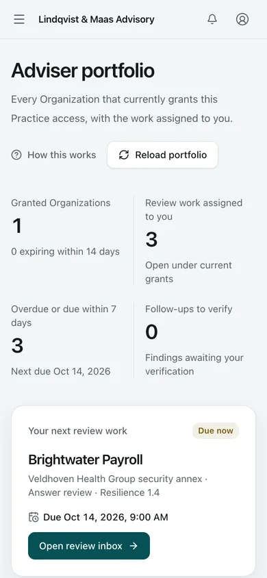 Practice portfolio. An independent Adviser Practice sees the Organizations that granted it access, its open review work, and when each grant ends.