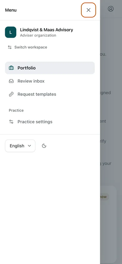 Practice portfolio · navigation open. An independent Adviser Practice sees the Organizations that granted it access, its open review work, and when each grant ends. The phone navigation is open in this view.