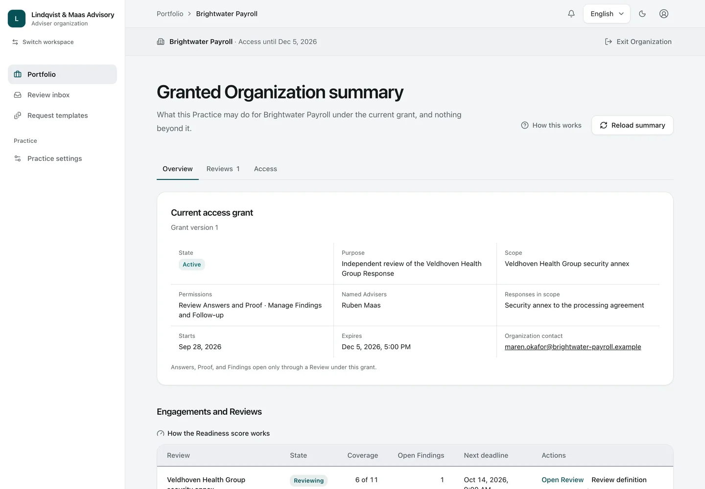One client Organization. One client Organization from the Practice side: the Access Grant, its scope and expiry, and the Reviews under it.