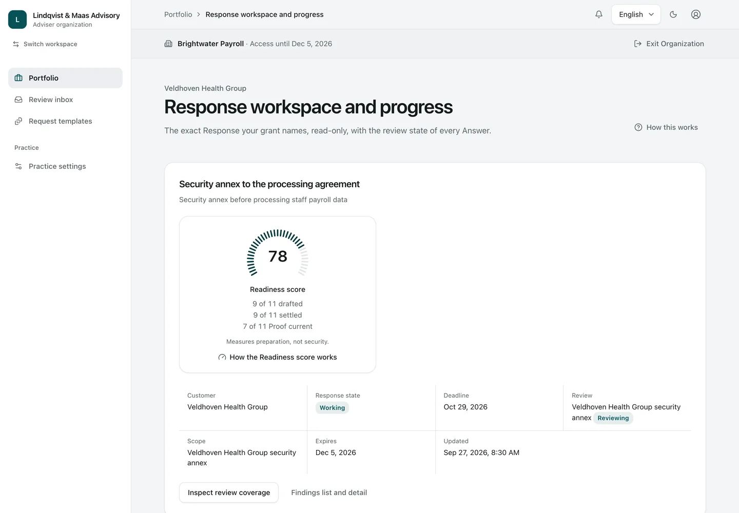 Granted Response. The Adviser reads only the Response the grant names, read-only, with its Readiness score and a link to review coverage and Findings.