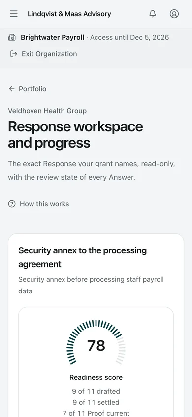 Granted Response. The Adviser reads only the Response the grant names, read-only, with its Readiness score and a link to review coverage and Findings.
