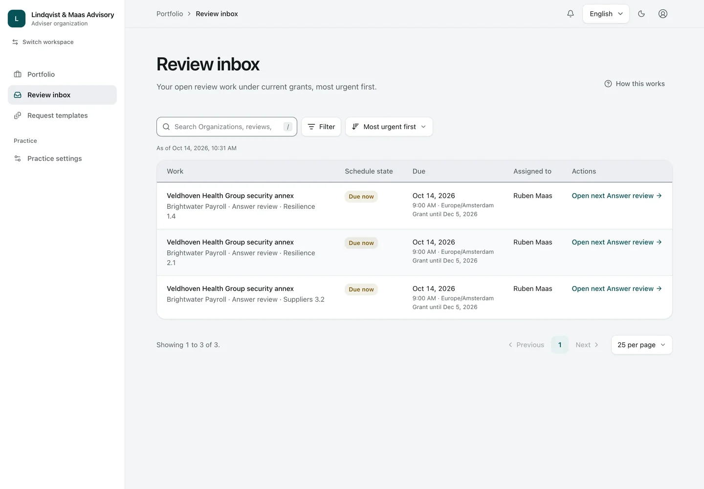 Review inbox. The review inbox: each Answer awaiting the Adviser's decision, most urgent first, under its current grant.
