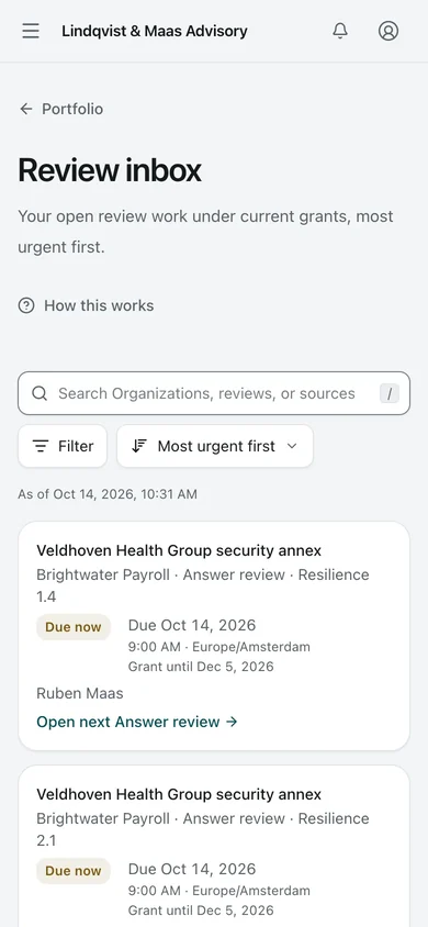 Review inbox. The review inbox: each Answer awaiting the Adviser's decision, most urgent first, under its current grant.