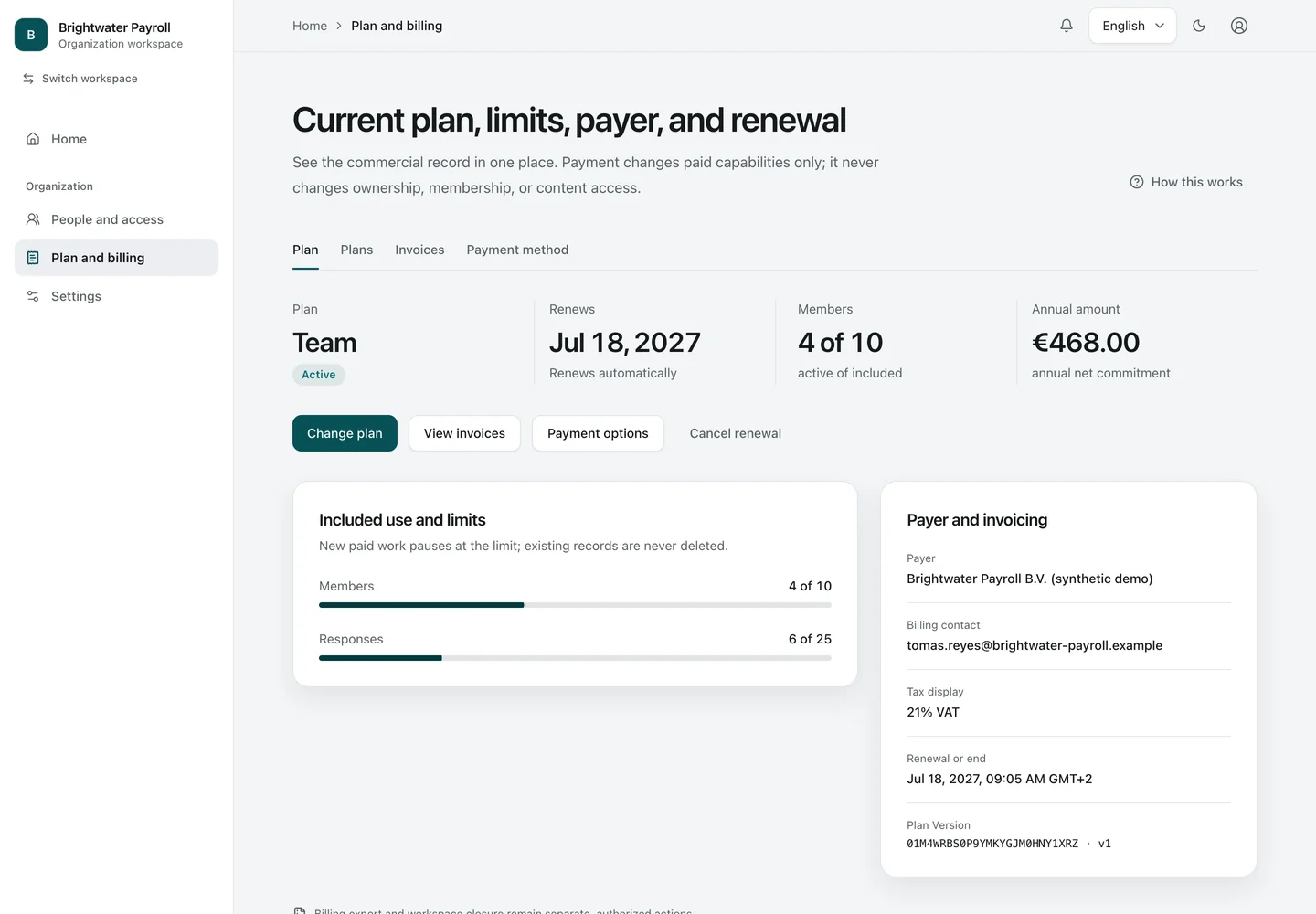 Billing. The Owner sees the plan, renewal date, member usage, payer, and billing contact. Amounts are synthetic demo values.