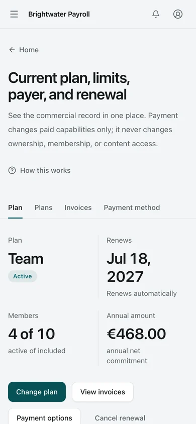 Billing. The Owner sees the plan, renewal date, member usage, payer, and billing contact. Amounts are synthetic demo values.