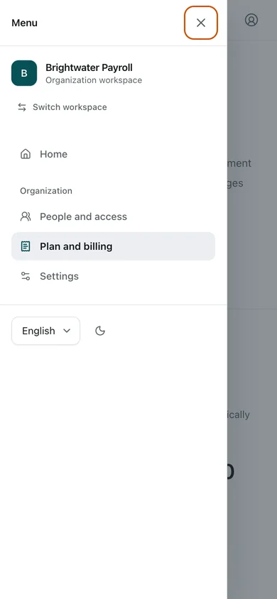 Billing · navigation open. The Owner sees the plan, renewal date, member usage, payer, and billing contact. Amounts are synthetic demo values. The phone navigation is open in this view.