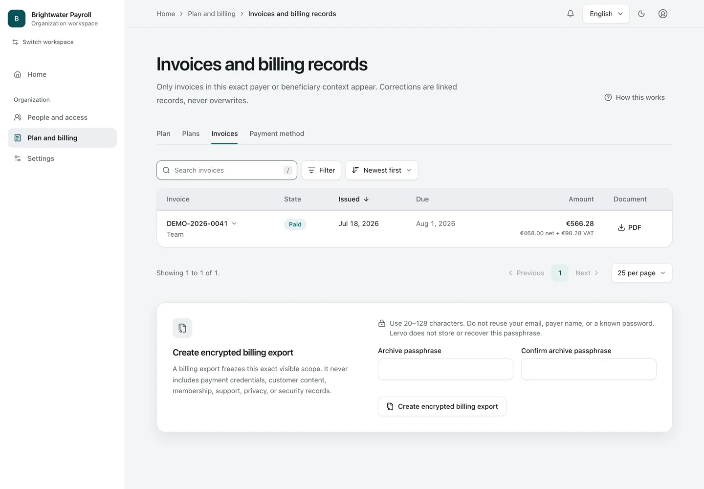 Invoices. Invoices with number, state, and amount including VAT, plus an encrypted export of the billing records.