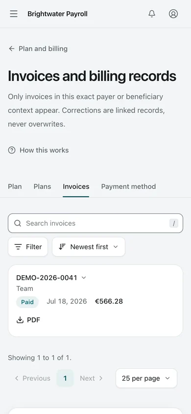 Invoices. Invoices with number, state, and amount including VAT, plus an encrypted export of the billing records.