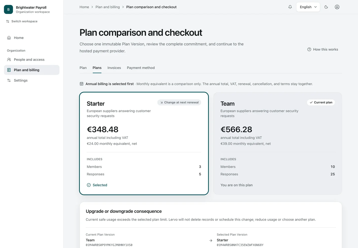 Plans. The Owner compares plans and sees the consequence of a change before anything is charged.