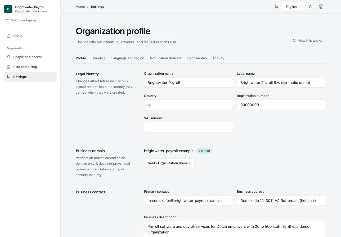 Organization settings. The Organization profile: legal name, verified domain, and contact details. Issued editions keep the identity they carried when issued.