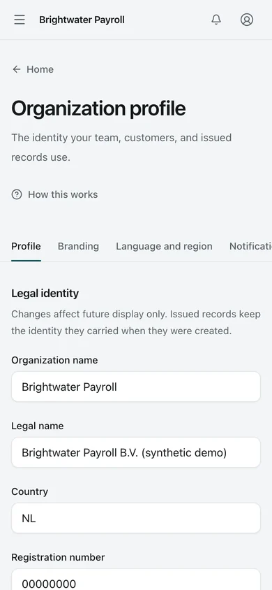 Organization settings. The Organization profile: legal name, verified domain, and contact details. Issued editions keep the identity they carried when issued.
