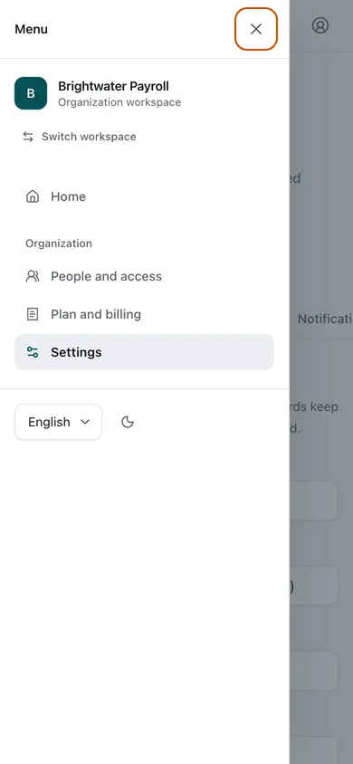 Organization settings · navigation open. The Organization profile: legal name, verified domain, and contact details. Issued editions keep the identity they carried when issued. The phone navigation is open in this view.