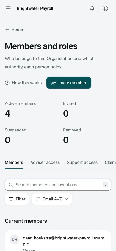 Members. Members and their roles. Owner, Security Lead (shown as Response manager), Organization Approver, and Contributor are separate authorities.