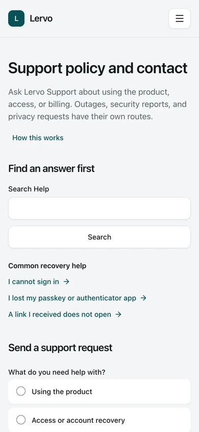 Support. The support page: Help search, a request form, and a plain statement of what support can and cannot see.