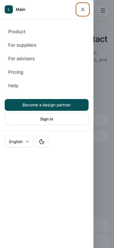 Support · navigation open. The support page: Help search, a request form, and a plain statement of what support can and cannot see. The phone navigation is open in this view.